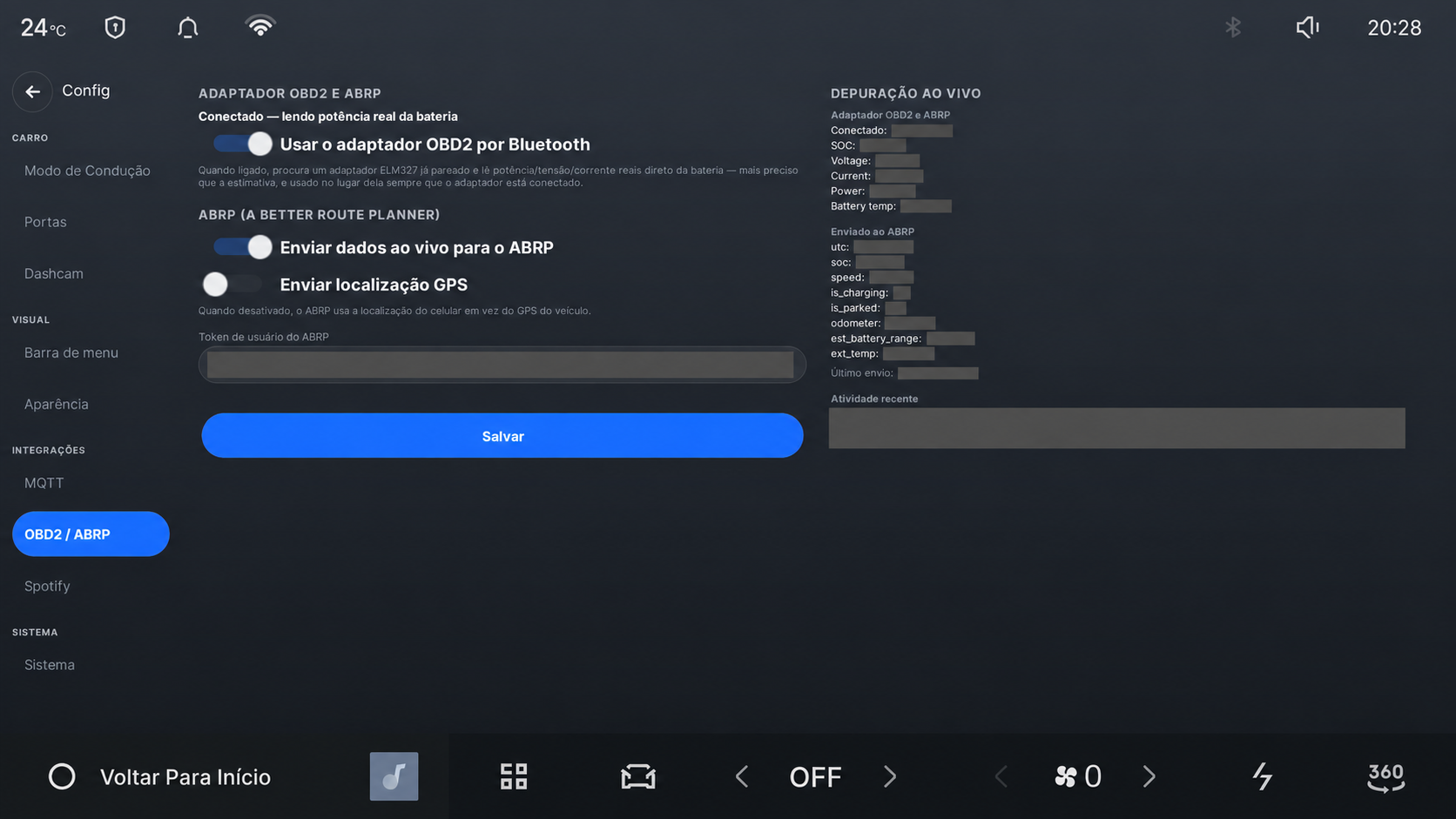 ABRP settings with account and vehicle values redacted