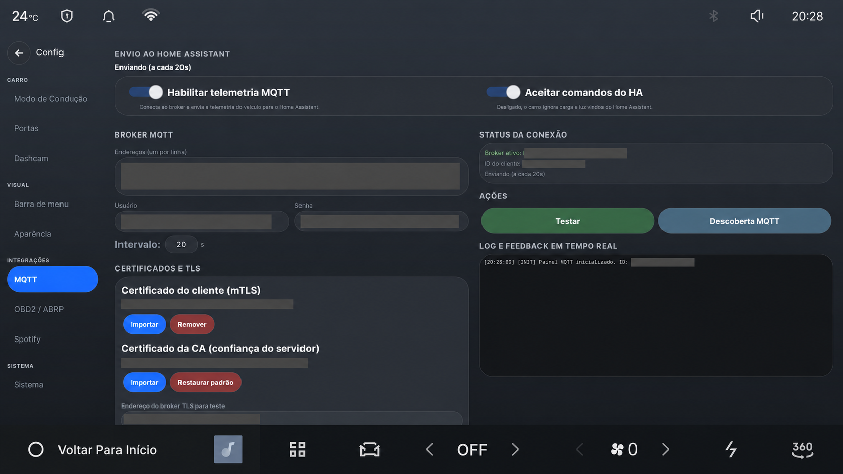 Home Assistant connection settings with private values redacted