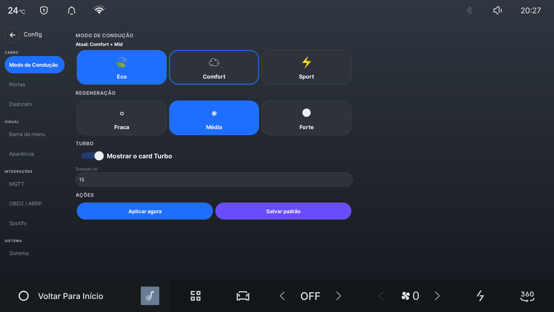 Drive mode and regeneration settings